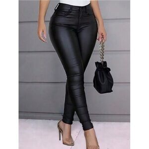 Apperloth A High Waist Thermal Lined PU Leather Skinny Cropped Pants